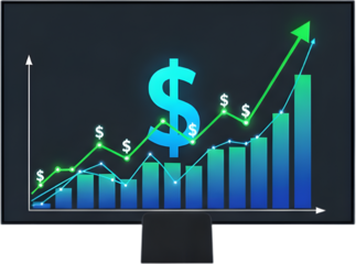 Dynamic financial growth chart with rising dollar value on screen, showing investment success and profit gains, perfect for business presentations and reports