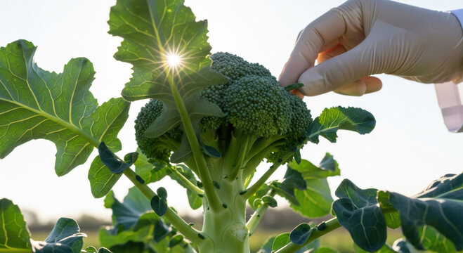 Scientist in lab glove performs clinical inspection of broccoli for nutrition research. bright sun shines over green vegetable farm creating hopeful feeling