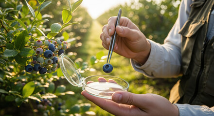 Scientist in field performing clinical research for blueberry nutrition. researcher uses lab equipment to take fresh fruit sample for agricultural analysis and study