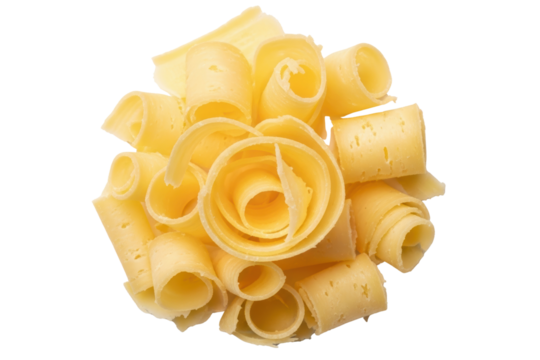 Gourmet cheese rosettes thinly shaved into a flower shape isolated on transparent background