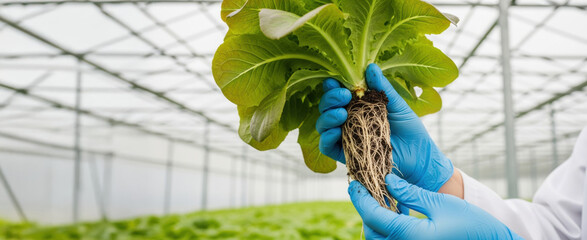 Focused scientist in lab coat performs clinical research on fresh lettuce nutrition. Examining plant root in modern hydroponic greenhouse ensures quality agriculture