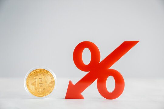 Bitcoin cryptocurrency with red downtrend arrow, bearish market, digital asset concept
