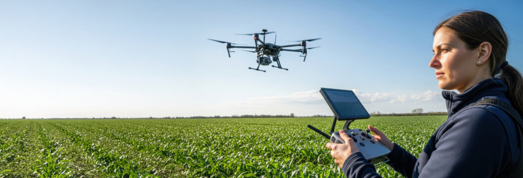 Serious female agronomist operates drone over farm for clinical study analyzing plant nutrition sending data directly to lab for agricultural innovation