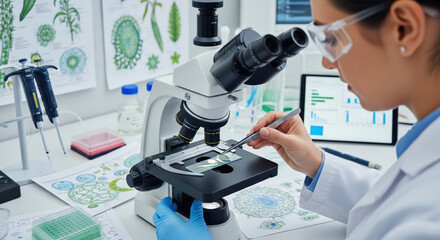 Focused scientist in clinical lab working on nutrition research. She uses microscope to analyze biological sample for medical breakthrough