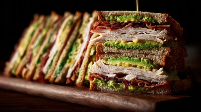 Towering club sandwich with layers of turkey, crispy bacon, fresh avocado, lettuce, tomato, and cheese on toasted bread, delicious gourmet stacked sandwich for lunch or brunch - Powered by Adobe