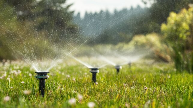 A well-maintained lawn being irrigated by multiple sprinklers on a sunny day, showcasing a lush green outdoor space with vibrant grass and healthy plants