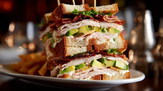 Towering club sandwich with layers of turkey, crispy bacon, fresh avocado, lettuce, tomato, and cheese on toasted bread, delicious gourmet stacked sandwich for lunch or brunch