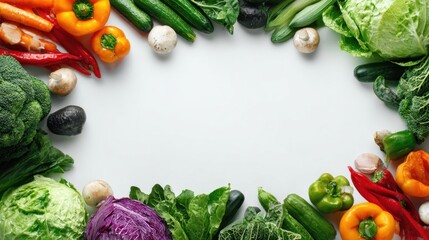 A vibrant assortment of fresh vegetables arranged in a circular pattern on a white background, showcasing a variety of colors and textures suitable for healthy eating themes