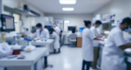 Fototapeta premium Blurred image of a busy laboratory with people in white lab coats working at desks and with equipment, conveying a sense of focused activity.