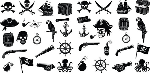 Comprehensive set of pirate adventure and treasure themed vector icons for fantasy stories and games