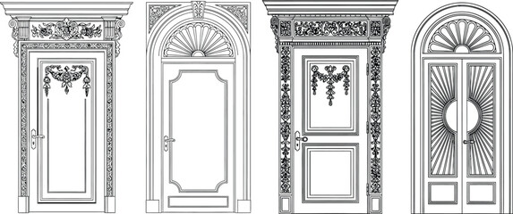 Detailed line art of various antique doors featuring elaborate architectural decorations and framed elegant entrances