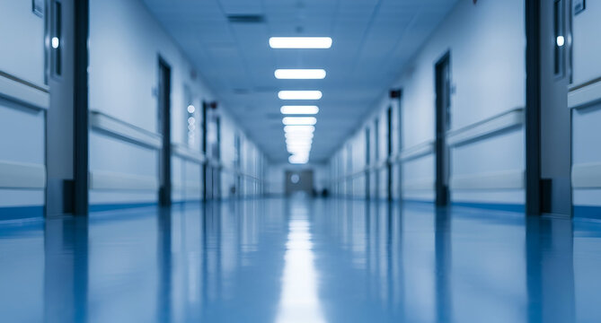 A dimly lit, empty hospital corridor with blue floors and walls. The symmetrical hallway creates a sense of calm and sterility, highlighting its stillness.