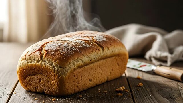 Freshly baked loaf of bread steaming on rustic wooden table close up