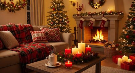 Cozy Christmas living room scene with plaid candles hot cocoa and warm festive decor 48396464 1