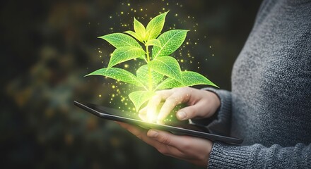 Digital Agriculture Concept Person Holding Tablet with Glowing Plant Emerging