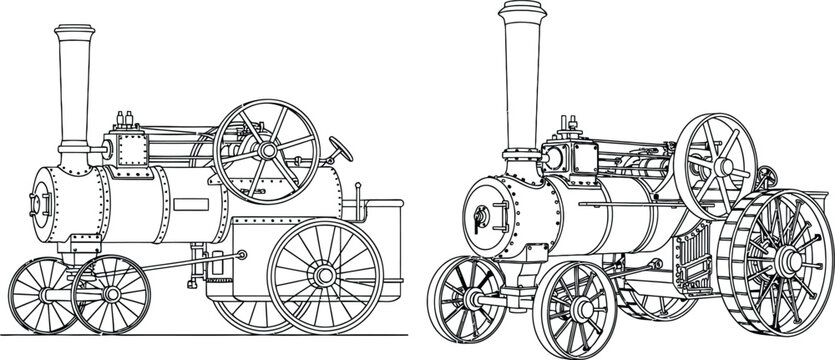 Detailed vintage steam traction engine with large wheels and tall smokestack shown in two distinct perspectives