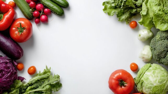 A colorful assortment of fresh vegetables arranged in a semi-circle on a white background, showcasing a variety of healthy produce including tomatoes, cucumbers, lettuce, and broccoli