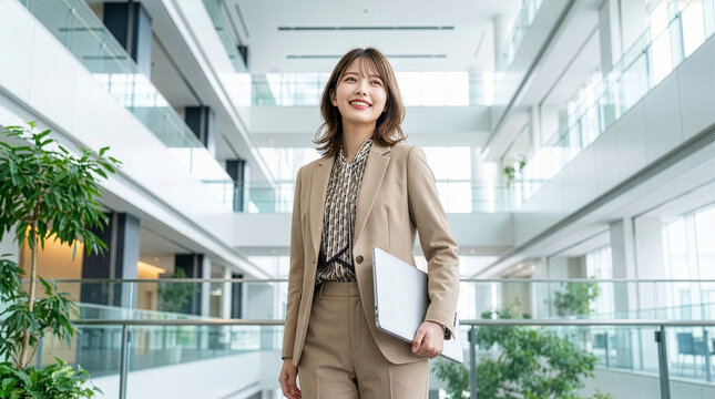 ノートパソコンを持つカジュアルスーツを着た笑顔の女性