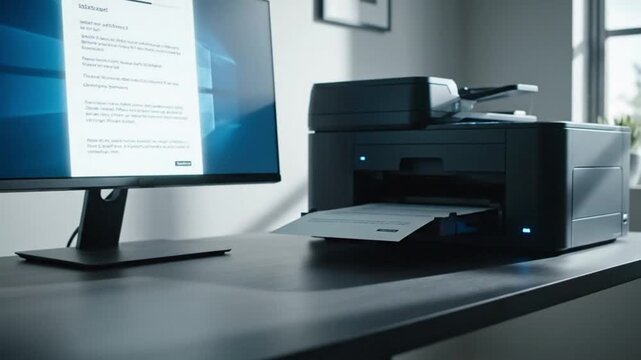 A contemporary all-in-one printer on a minimalist dark desk prints a business document, showcasing a seamless workflow from computer to paper