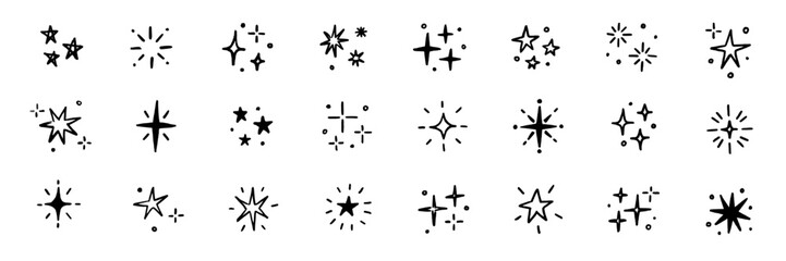 Hand drawn star spark doodle element icon set. Star shape twinkle glitter spark shine crayon grunge brush line icons. Hand drawn sketch doodle style. Light decoration background vector illustration