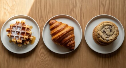Fresh Croissant Breakfast on Wooden Table Flat Lay