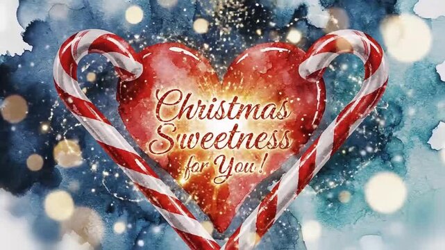 Watercolor candy cane heart with glowing ribbon and sparkles, sweet festive motif for holiday cards, social posts, and seasonal packaging designs