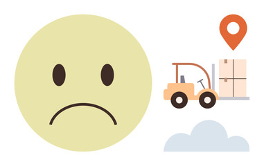 Frowning face, forklift carrying a box, location pin, and cloud representing shipping delay, logistics challenge, or delivery issues. Ideal for supply chain, e-commerce, frustration efficiency