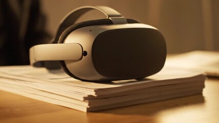 A modern virtual reality headset rests on a stack of business documents, symbolizing the future of work, immersive digital innovation, and metaverse technology - Powered by Adobe