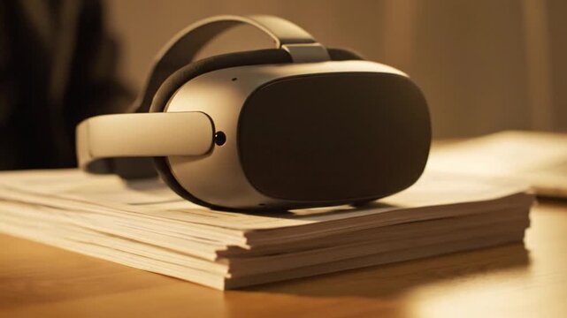 A modern virtual reality headset rests on a stack of business documents, symbolizing the future of work, immersive digital innovation, and metaverse technology