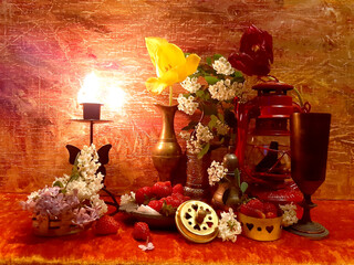 Elegant table setting, berries, lilac flowers, dishes. Evening romantic still life on a red background, candle in a candlestick. Romance, flowers, elegance, flair. Antique brass items