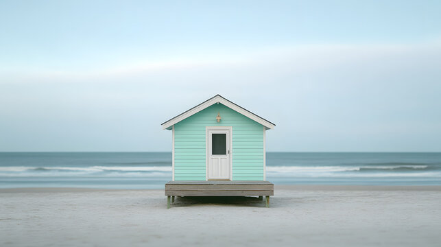 Small mint green wooden beach hut elevated on a wooden platform facing the ocean waves