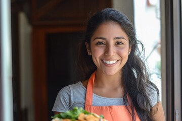A young woman with long dark hair, wearing a grey t-shirt and an orange apron, stands in a kitchen holding a plate of food. The kitchen has wooden cabinets and a window in the background.