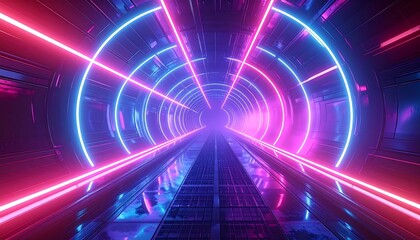 Futuristic tunnel with neon lights and a glowing center
