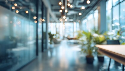 Abstract office interior background. Blurry office space. Modern workspace design. Glass walls, blurred furniture, plants. Natural light, commercial building, business concept, indoor. High quality