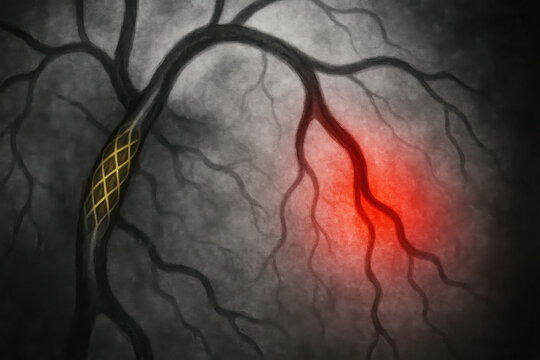 Coronary artery medical visualization of golden stent placement beside blocked segment. angiography inspired illustration presents red warning highlight for heart attack