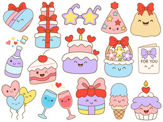 Cute party decorations and treats with cheerful expressions create festive atmosphere