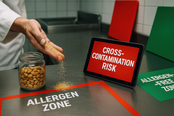 Chef hand showing cross contamination risk in kitchen allergen zone. digital tablet sign warns about danger of peanut contamination, serious awareness concept for food safety