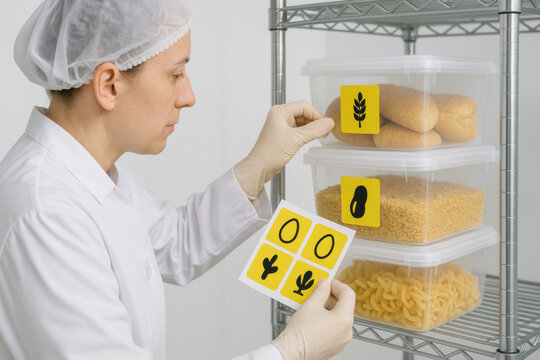 Focused chef in hygienic uniform placing allergen symbol sticker on food container. professional worker ensuring safety compliance through controlled labeling system and kitchen workflow