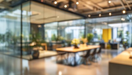 Abstract office interior background. Blurry office space. Modern workspace design. Glass walls, blurred furniture, plants. Natural light, commercial building, business concept, indoor. High quality