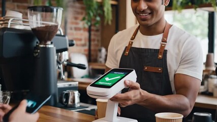 Customer paying by card at cafe counter. - Powered by Adobe