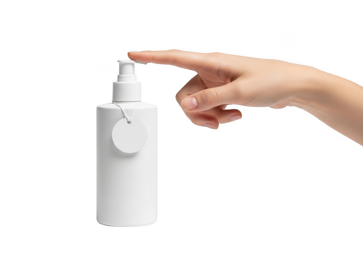 Hand pressing pump dispenser bottle with blank circular tag for branding and product information isolated on transparent background