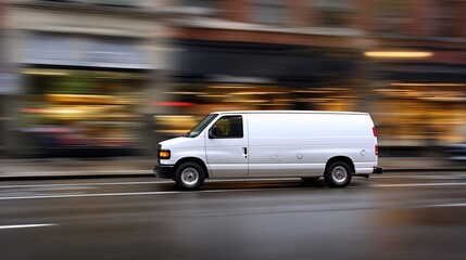 White cargo van driving fast on a city street with blurred buildings and motion blur. High quality
