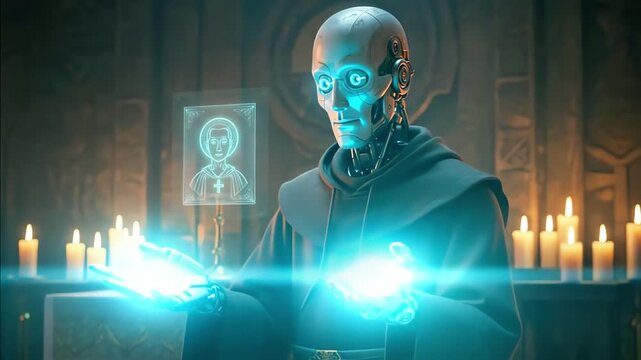 Robot monk performing glowing ceremony, ancient shrine illuminated by holographic energy display, cybernetic enhancements adorn monk performing luminous magic over ancient relics in dimly lit church