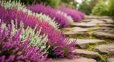 Close-up view of vibrant heather flowers in full bloom growing alongside a rocky garden path in a na 95956938 1