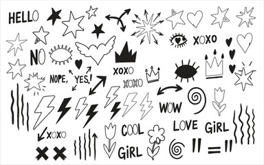 Hand drawn doodle set with stars hearts and arrows