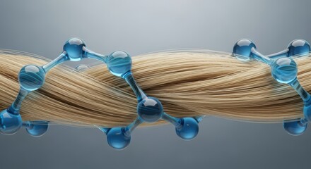 Hair strand intertwined with molecular structure, showcasing the beauty and science of hair care, emphasizing the importance of hair health and nourishment in beauty routines