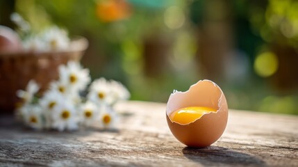 Broken egg with vibrant yolk and cracked eggshell on rustic wooden table with soft blurry garden background, fresh farm breakfast concept, natural morning light and organic food setting