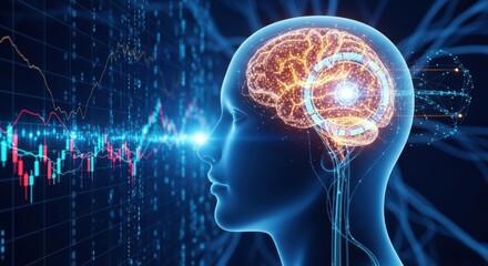 Futuristic artificial intelligence brain concept with glowing neural network analyzing financial stock market data charts and digital graphs