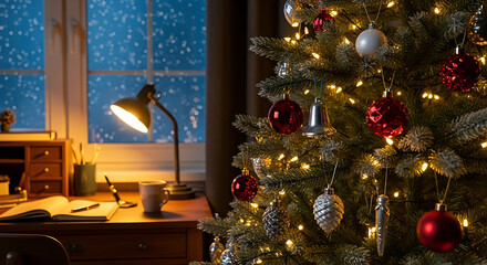 Close-up Christmas tree with glowing lights beside cozy home office at night 88846415 1