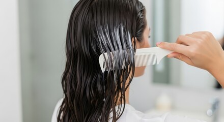 Woman with long, shiny hair is applying hair care product while combing through her locks in a bright bathroom, showcasing hair beauty and self-care routine
